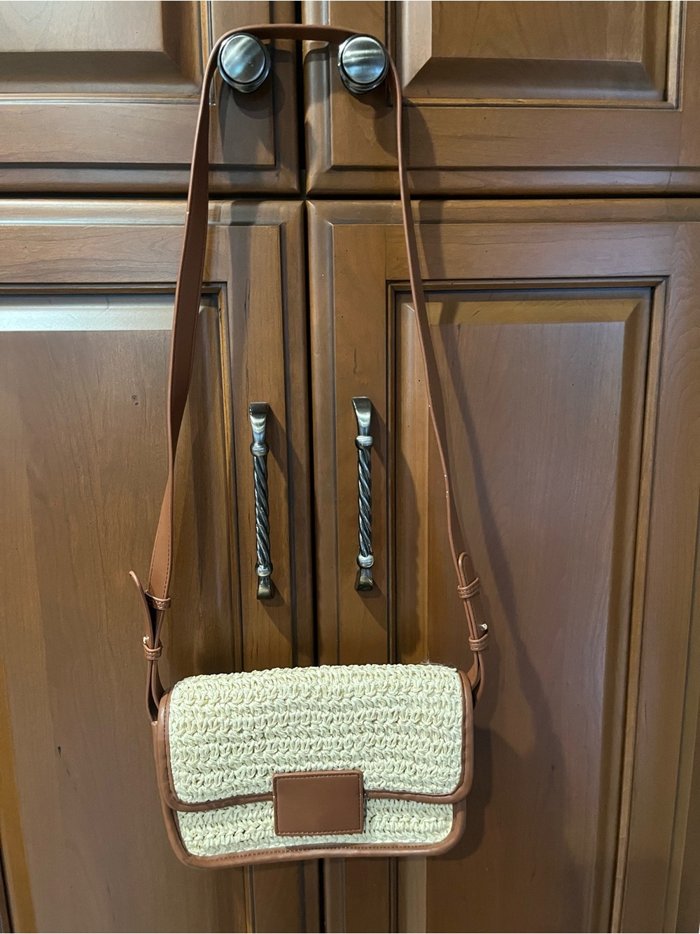 LOFT Cream Woven Crossbody with Brown Trim